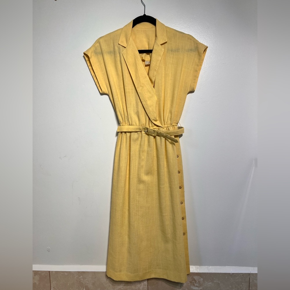 Vintage Pale Yellow Wrap Midi Dress with Belt